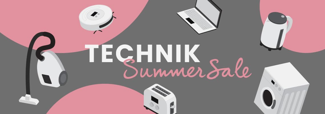 Technik Summer Sale – Staubsauger, Laptop, Toaster, Wasserkocher, Waschmaschine und Saugroboter auf grauem Hintergrund