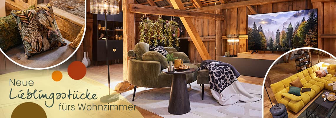 Neue Lieblingsstücke fürs Wohnzimmer – gemütliche Wohnlandschaft mit grünen Sesseln, großer TV-Wand und gelbem Sofa
