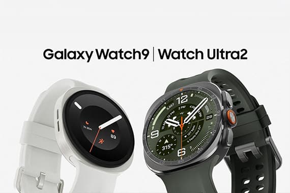 Galaxy Watch9 | Watch Ultra2 – zwei Smartwatches nebeneinander, links weiß mit dunklem Display, rechts dunkel mit grünem Zifferblatt
