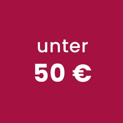 unter 50 € – weißer Schriftzug auf dunkelrotem Hintergrund