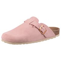 Rosa Clog-Pantolette mit breitem Riemen und Schnalle, seitliche Ansicht auf hellem Hintergrund