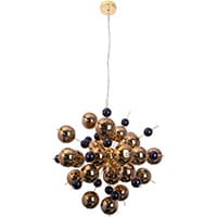 Deckenleuchte mit vielen runden Kugeln an Stäben, die wie ein leuchtender Ball von der Decke herabhängt