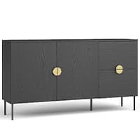Dunkles Sideboard mit drei Türen, einer Schublade und runden Griffen auf schmalen Beinen