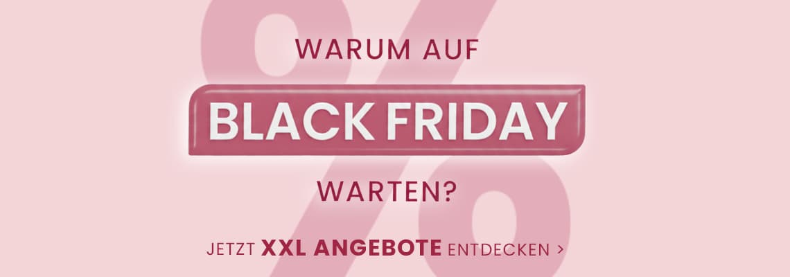 Warum auf Black Friday warten? Jetzt XXL Angebote entdecken – pinke Grafik mit großem Prozentzeichen im Hintergrund