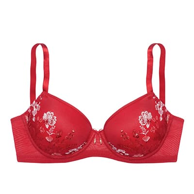 Roter BH mit schmalen Trägern und zarter weißer Blumenstickerei auf den Cups