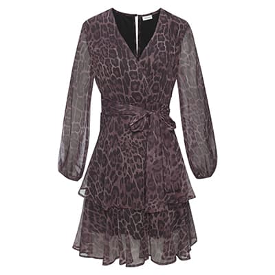 Kurzes Kleid mit Animalprint, V-Ausschnitt, langen transparenten Ärmeln und Bindegürtel in der Taille