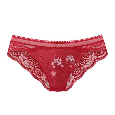 rote Slip-Damenunterhose mit feiner Spitze und floraler Stickerei auf Vorderseite