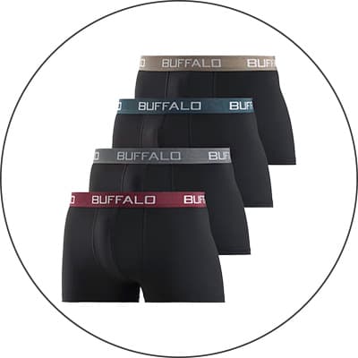 Vier schwarze Herren-Boxershorts in Reihe, mit Bündchen in Beige, Dunkelgrün, Grau und Rot mit BUFFALO-Schriftzug