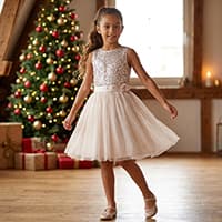 Mädchen im festlichen Kleid tanzt vor geschmücktem Weihnachtsbaum in rustikalem Wohnzimmer