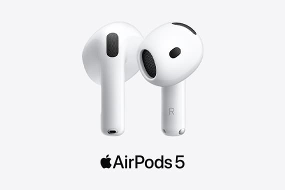 Apple AirPods 5 – zwei kabellose weiße Ohrhörer vor hellem Hintergrund, einer nach vorn, einer seitlich gedreht