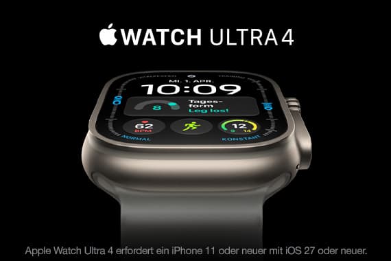 Apple Watch Ultra 4 – Nahaufnahme der Smartwatch mit Trainingsanzeige und digitalen Aktivitätsringen auf schwarzem Hintergrund