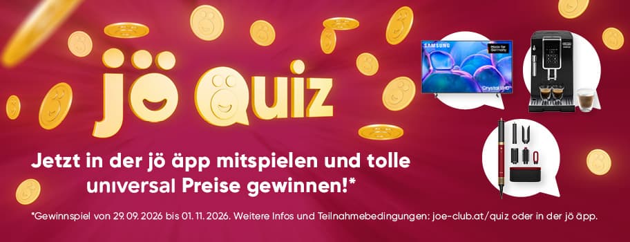 jö quiz – Jetzt in der jö äpp mitspielen und tolle universal Preise gewinnen, Abbildungen von TV, Kaffeemaschine und Werkzeugset