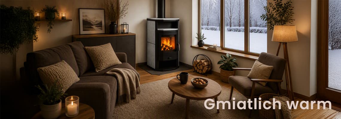 Gmiatlich warm – Wohnzimmer mit Sofa, Kaminofen und Schneelandschaft draußen vor den großen Fenstern