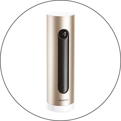 Netatmo – zylindrische Sicherheitskamera in Gold und Schwarz, frontal abgebildet