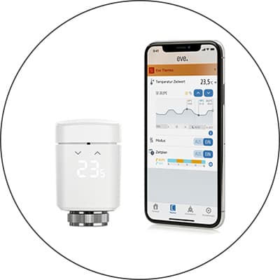 Smartes Heizkörperthermostat neben Smartphone mit Eve-App, zeigt Temperatur, Diagramm und Zeitplan