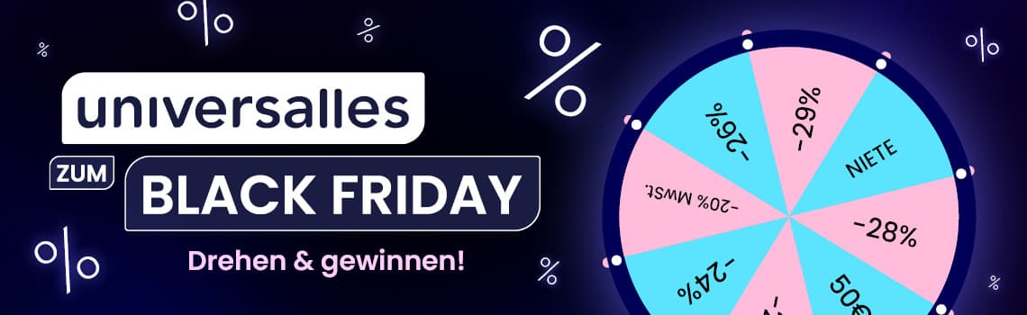Universalles zum Black Friday – Drehen & gewinnen! Gewinnrad mit Rabatten von 20-50 % und Niete in hellem Blau und Rosa