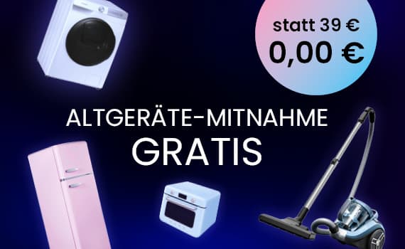 statt 39 € 0,00 € - Altgeräte-Mitnahme GRATIS, Waschmaschine, Kühlschrank, Ofen und Staubsauger auf blauem Hintergrund