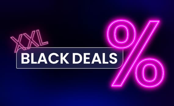 XXL Black Deals – Neonzeichen mit Prozent-Symbol auf dunklem Hintergrund