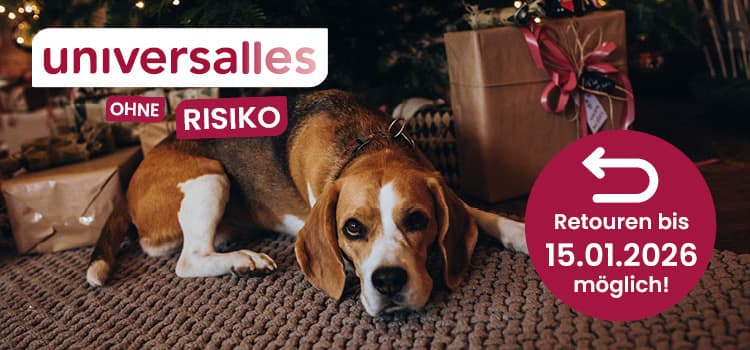 universalles ohne Risiko – Retourn bis 15.01.2026 möglich! Hund liegt auf Teppich vor Weihnachtsbaum mit Geschenken