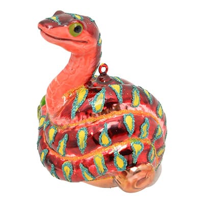 Schlangenförmiger Christbaumschmuck in Rot mit gelb-grünen Streifen und Glitzer