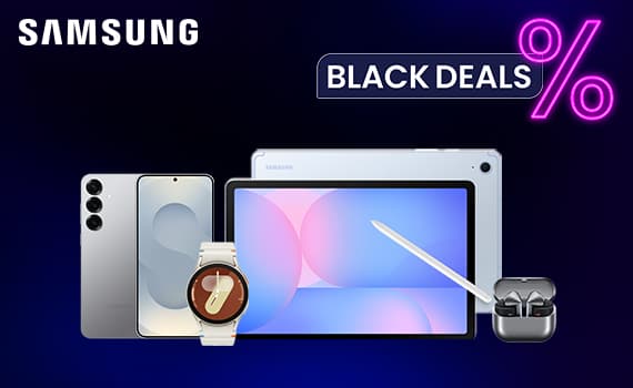 BLACK DEALS – Samsung Produkte: Smartphone, Smartwatch, Tablet mit Stift und kabellose Ohrhörer vor dunklem Hintergrund