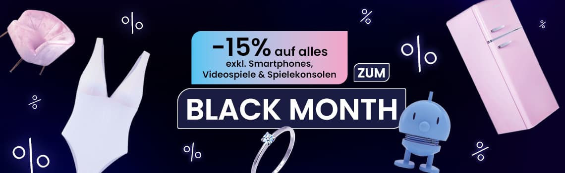 -15% auf alles exkl. Smartphones, Videospiele & Spielkonsolen – Black Month, weiße Badekleidung, rosa Stuhl, rosa Kühlschrank, blauer Roboter, Ring mit Diamant