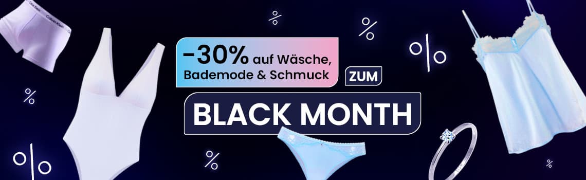 -30 % auf Wäsche, Bademode & Schmuck – Boxershorts, Badeanzug, Slip, Nachthemd und Ring auf dunkelblauem Hintergrund