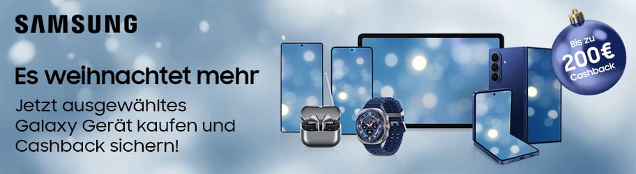 Bis zu 200€ Cashback – Samsung Weihnachtsaktion, Auswahl an Galaxy Geräten: Smartphones, Tablet, Smartwatch, Ohrhörer auf blauem Hintergrund