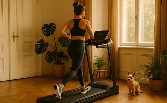 Frau läuft auf Laufband in hellem Raum, Hund sitzt daneben, Pflanzen im Hintergrund