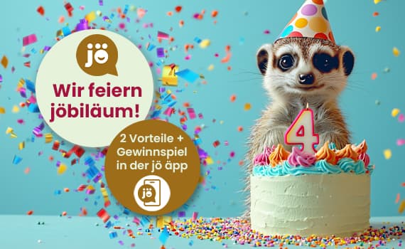 Wir feiern jöbiläum! 2 Vorteile + Gewinnspiel in der jö app – Erdmännchen mit Partyhut und Torte mit Kerze 4