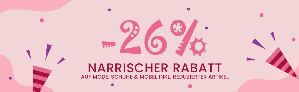 26 % narrischer Rabatt auf Mode, Schuhe & Möbel inkl. reduzierter Artikel – Rosa Banner mit Konfetti und Partyhüten