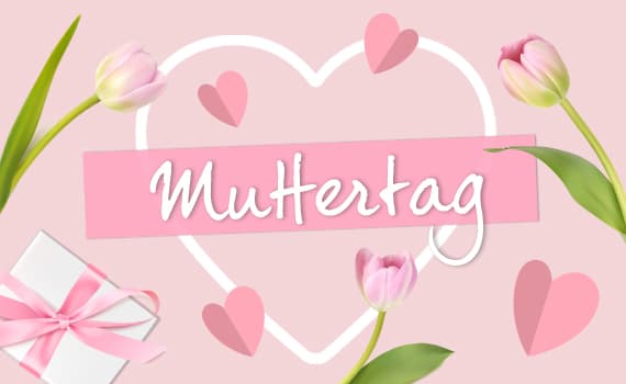 Muttertag – rosa Tulpen, Herz aus Linien und Geschenk mit Schleife auf rosafarbenem Hintergrund