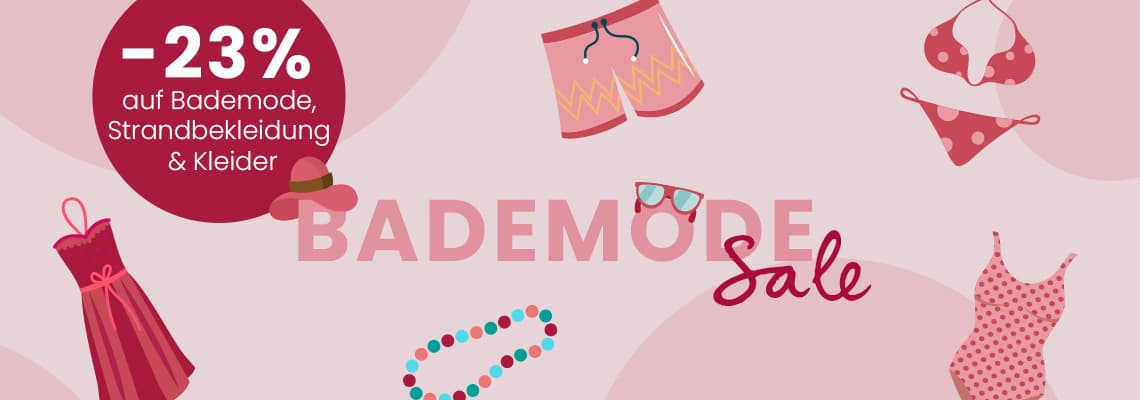 -23 % auf Bademode, Strandbekleidung & Kleider – Illustration mit Kleid, Bikini, Badeanzug, Shorts, Hut, Kette und Sonnenbrille